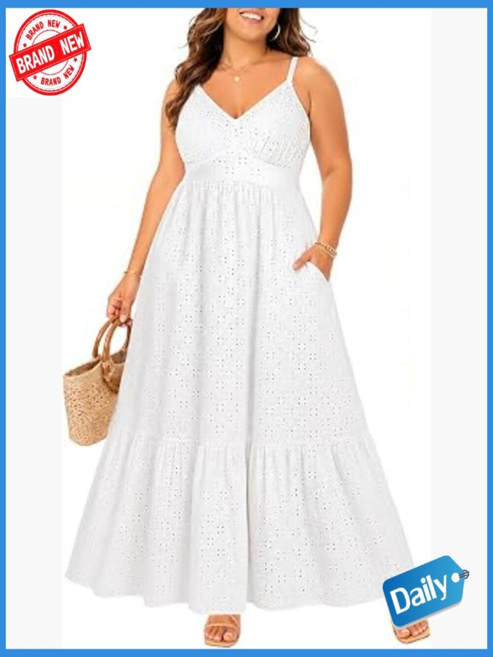 Plus Size Eyelet Maxi Dress with Pockets - Boho Beach Summer Sundress